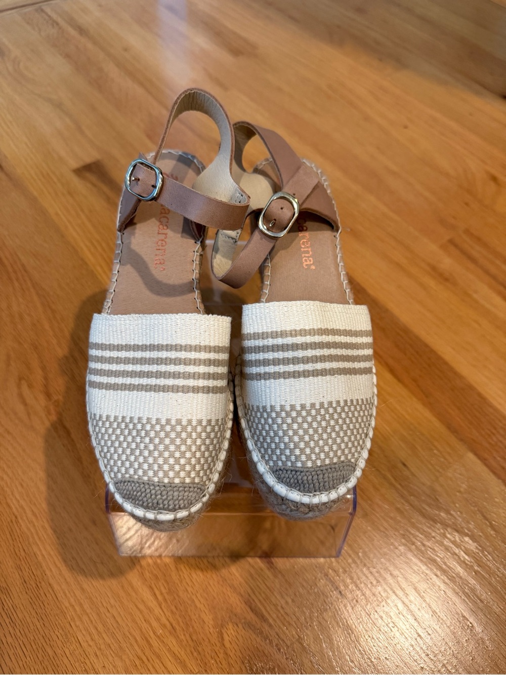 Macarena: Modelo Striped Woven Espadrille Sandals in Beige and Taupe
